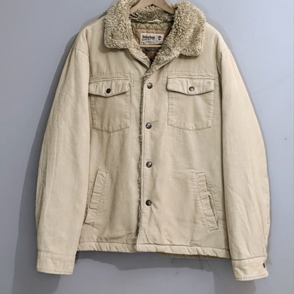 (XL) Timberland Tan Corduroy Lightweight Lined Jacket with Faux Fur Collar Y2K